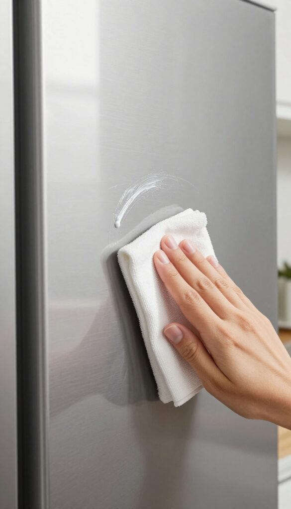 Buffing a light scratch on a stainless steel refrigerator with toothpaste on a soft cloth