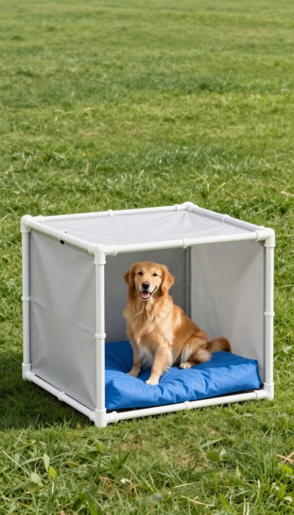 Portable PVC dog kennel on grass with dog inside