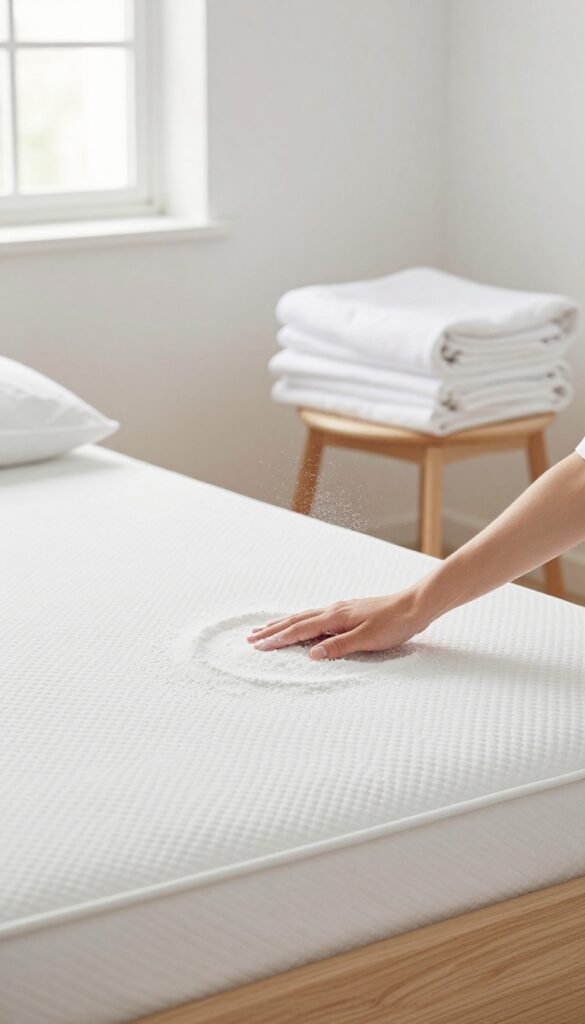 Person sprinkling baking soda on a mattress to freshen it