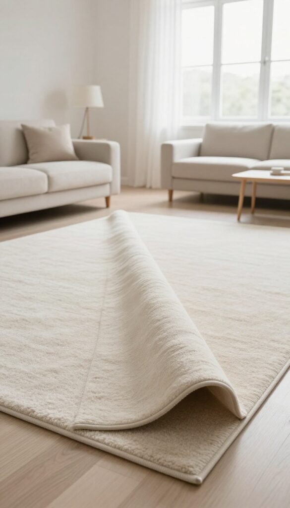 Hands rotating a plush rug in a bright living room to even out wear