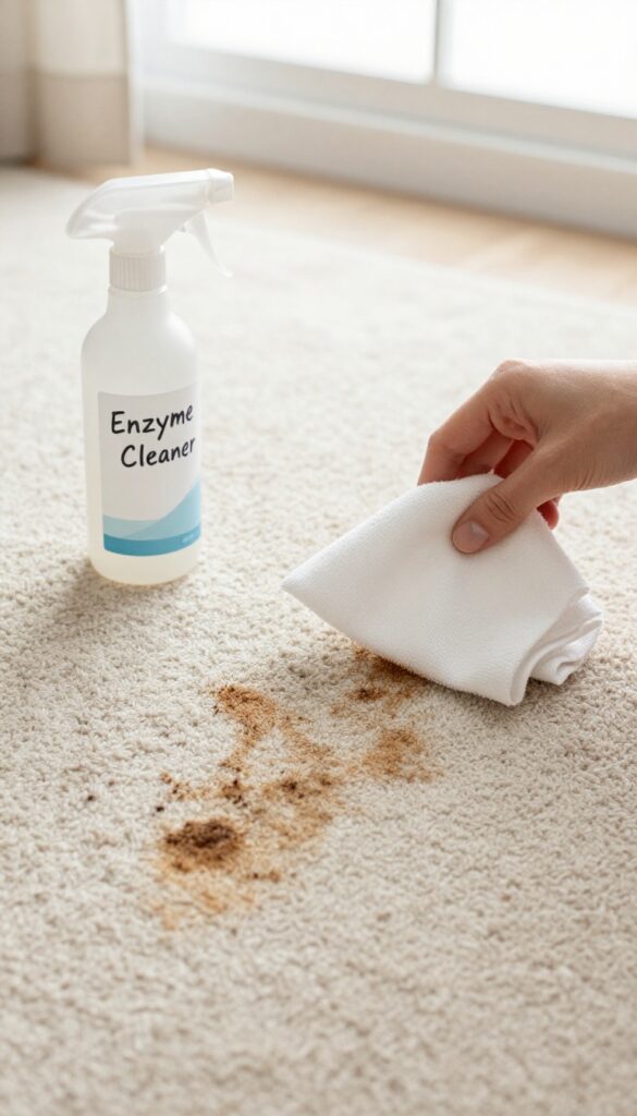 Enzyme cleaner being applied to a pet stain on a light beige carpet