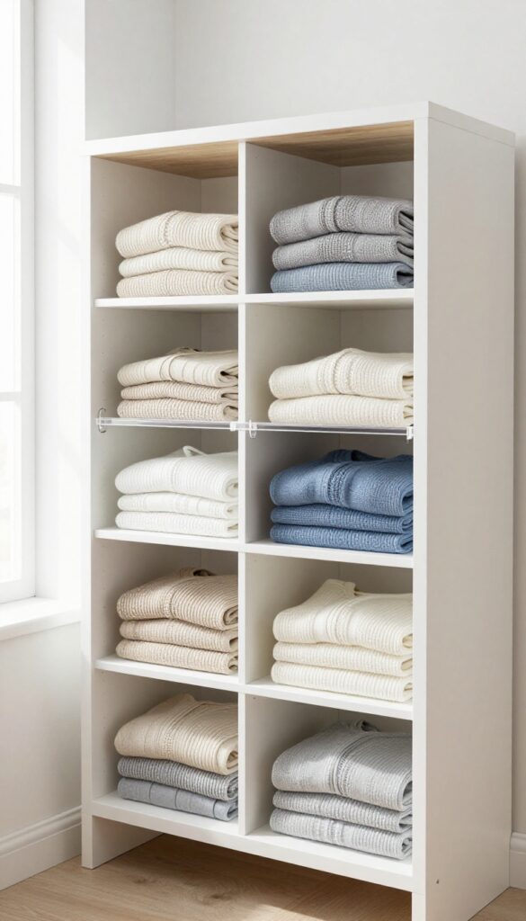 Clean closet shelf with acrylic shelf dividers keeping stacks of folded sweaters upright and organized