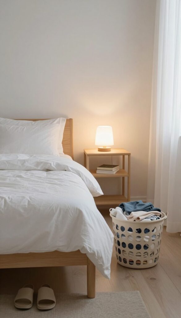 A tidy bedroom at night with a laundry basket and organized surfaces, illustrating a five-minute tidy before bed.