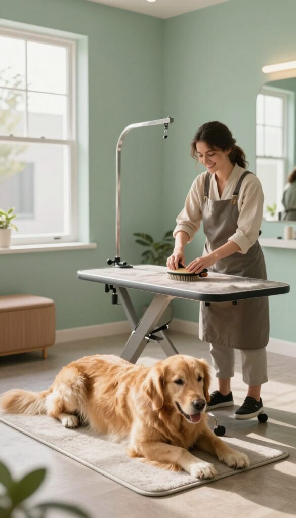Calm dog grooming salon with soft pastels, rounded furniture, and a relaxed dog being gently brushed in natural light.