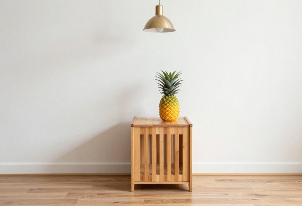 Stylish dog crate used as a side table in a modern living room