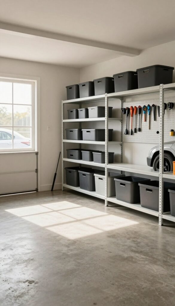 Organized garage with storage bins and tools in bright natural light