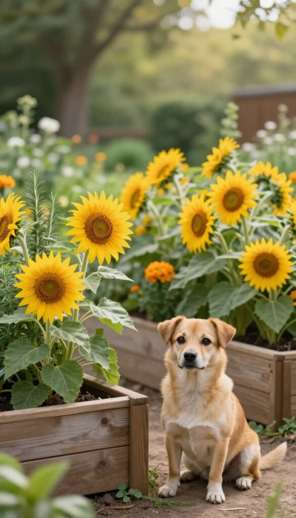 Dog-friendly garden with raised beds and safe plants