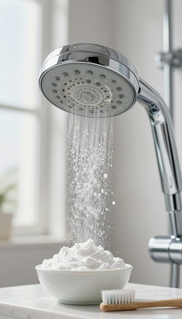 Close-up of a shower head with white mineral deposits, a bowl of baking soda paste, and a toothbrush for scrubbing.