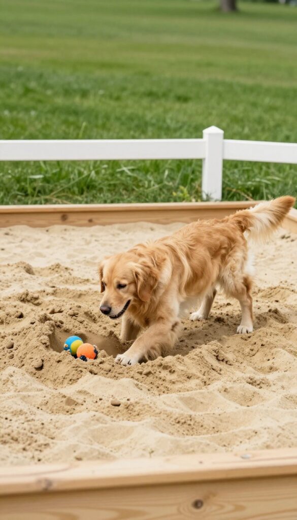 Golden retriever digging in a wooden sandbox filled with sand in a sunny backyard