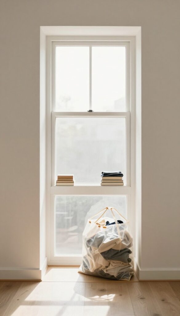 A clear trash bag filled with donations sits by the front door in a clean, sunlit living room, ready to be taken to charity.