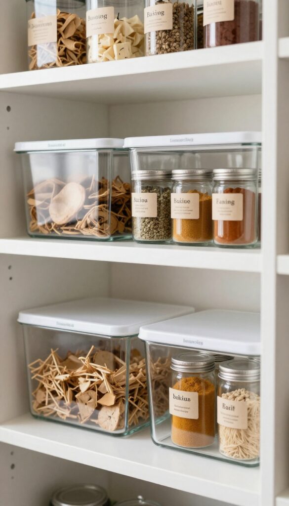Organized pantry with clear bins and tiered shelves, grouped by zone in bright natural light