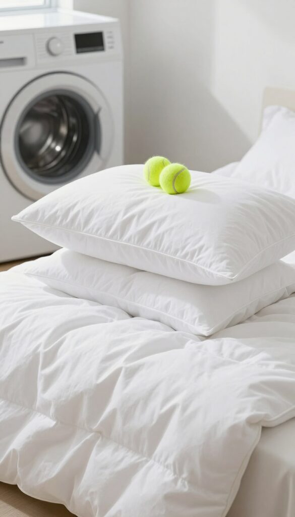 Fluffy white comforter and pillows fresh from the dryer with tennis balls