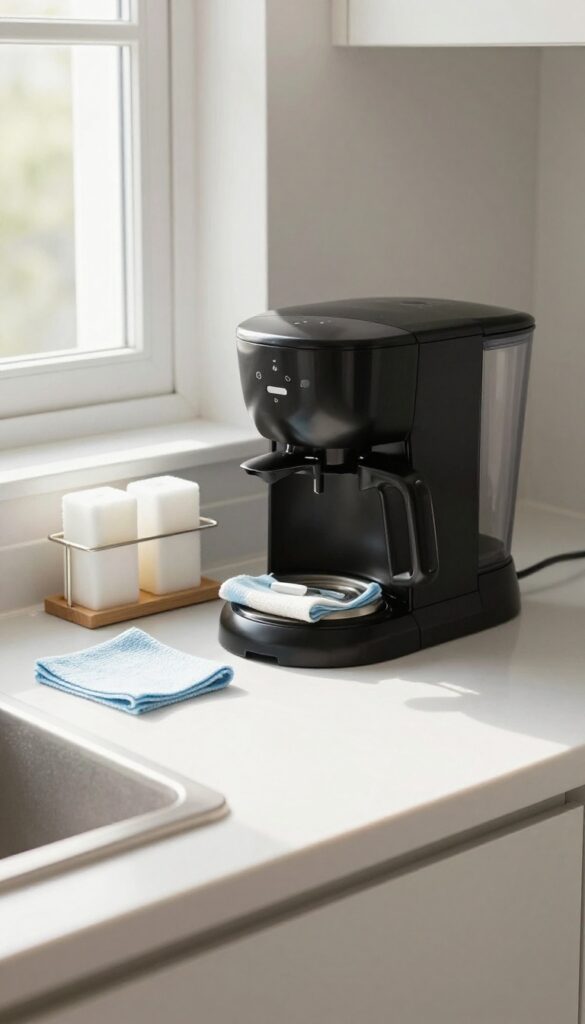 Clean kitchen countertop with coffee maker and cleaning supplies in natural light