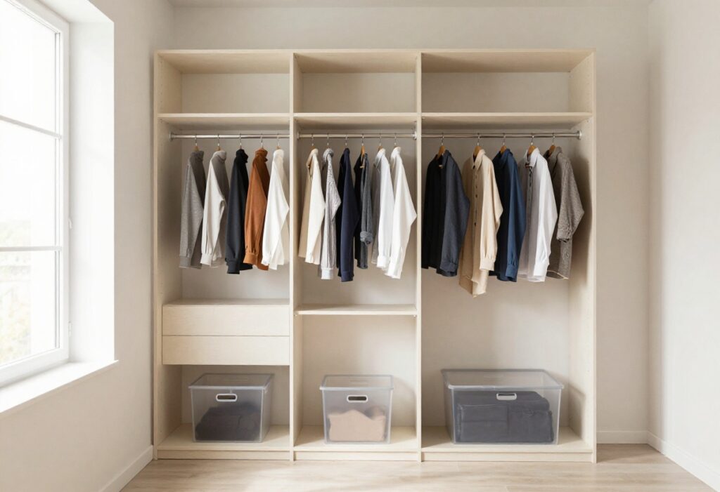 A neatly organized closet with color-coordinated clothes on matching hangers, shelf dividers, and clear storage bins.