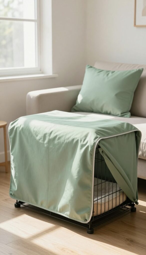 Dog crate with custom slipcover in sage green fabric blending with living room decor