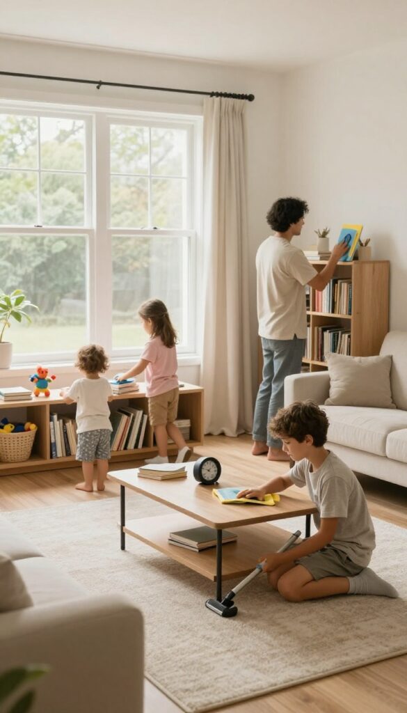 Family cleaning together in a bright living room with a timer on the coffee table