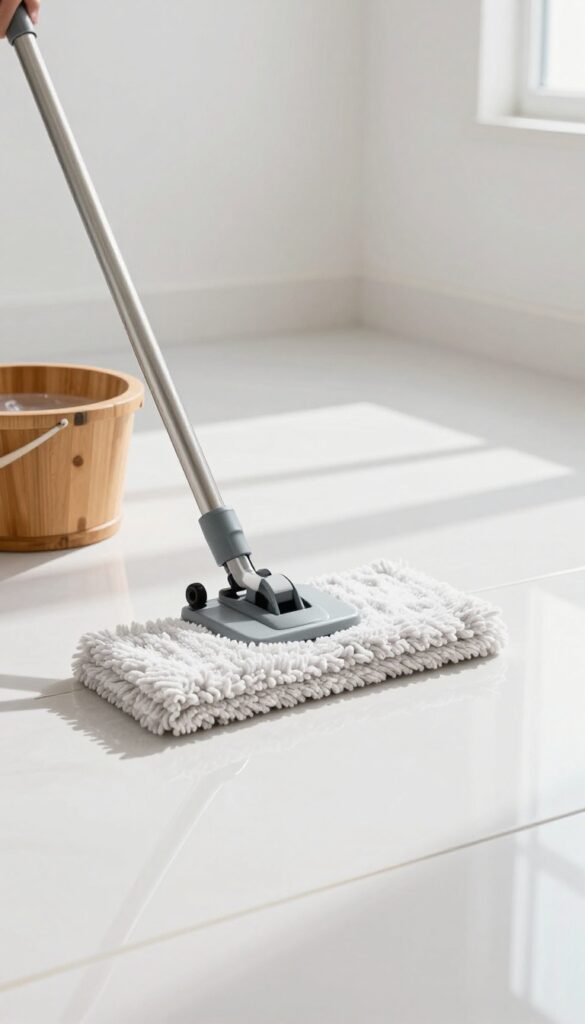 Mopping hard floors with a microfiber mop in a bright, clean room