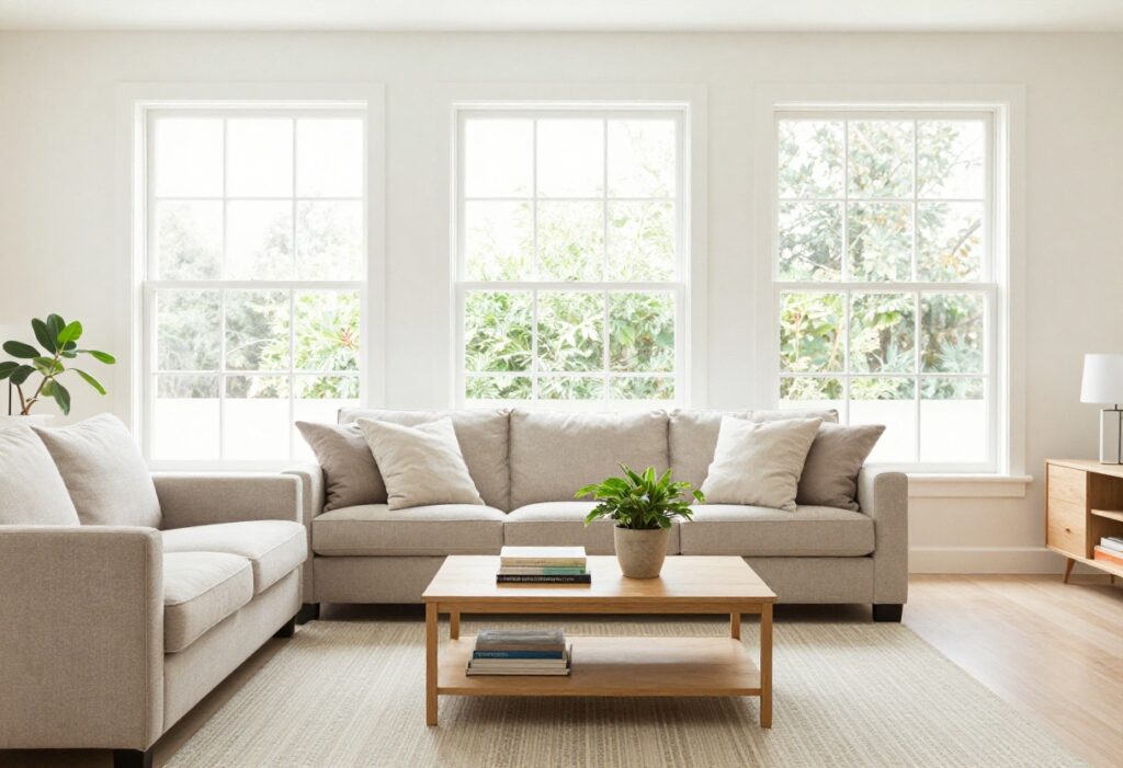 A peaceful, organized living room with natural light and minimal clutter