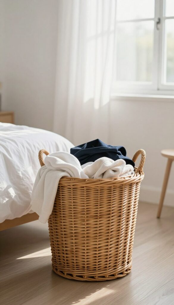 A laundry basket filled with clothes and towels in a sunlit, tidy bedroom, symbolizing the quick gather-and-dump fabric clutter tactic.