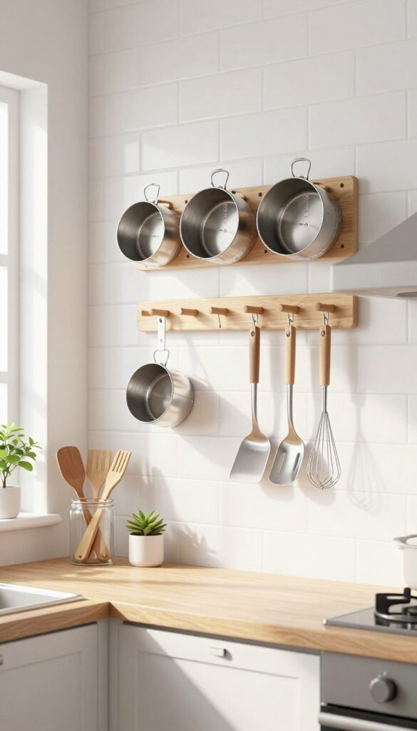 Vertical storage in a kitchen with a pegboard holding measuring cups and utensils, clean and bright.