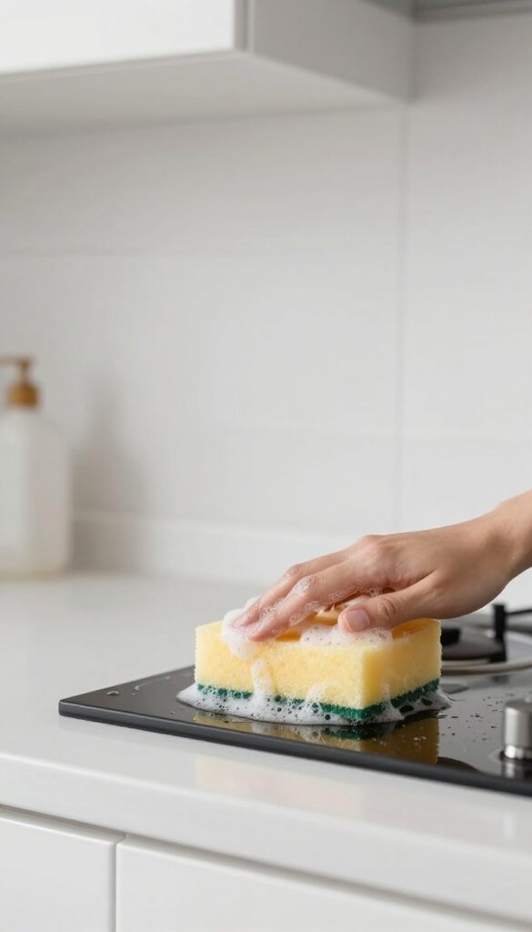 Sponge cleaning grease off kitchen wall with dish soap and warm water