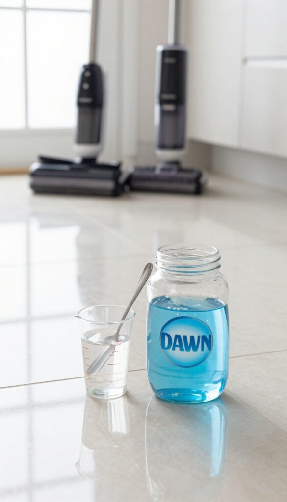 Blue Dawn dish soap and a teaspoon next to a measuring cup of warm water on a clean kitchen floor, with a Tineco floor washer in the background.