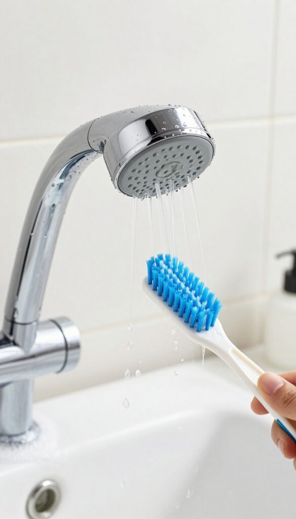 Cleaning a shower head with a toothbrush and dish soap