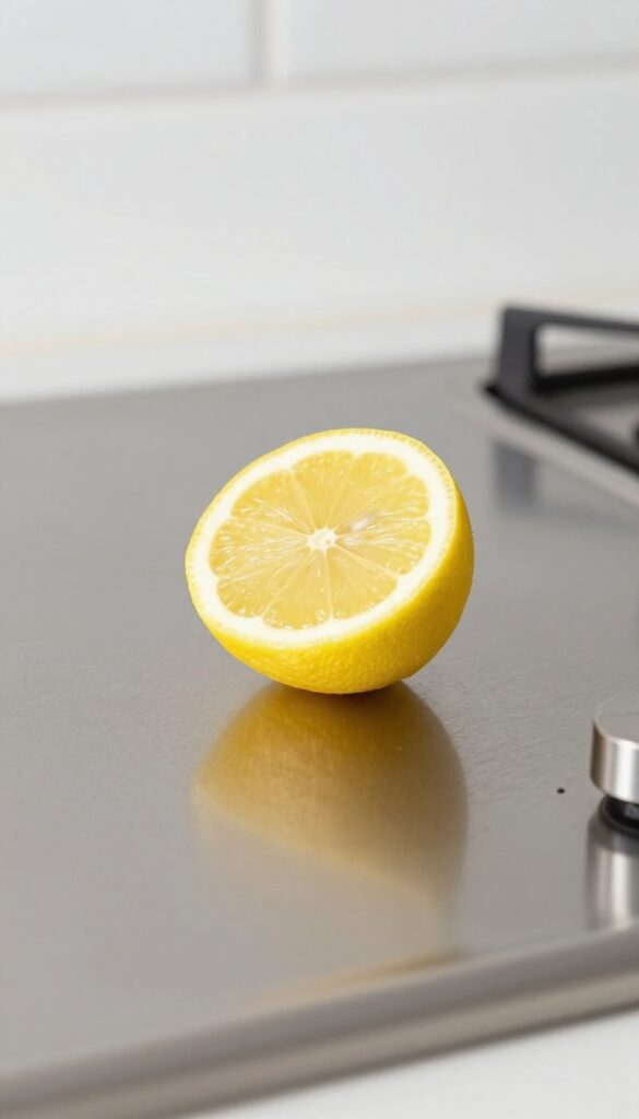 Lemon half on shiny stainless steel stovetop