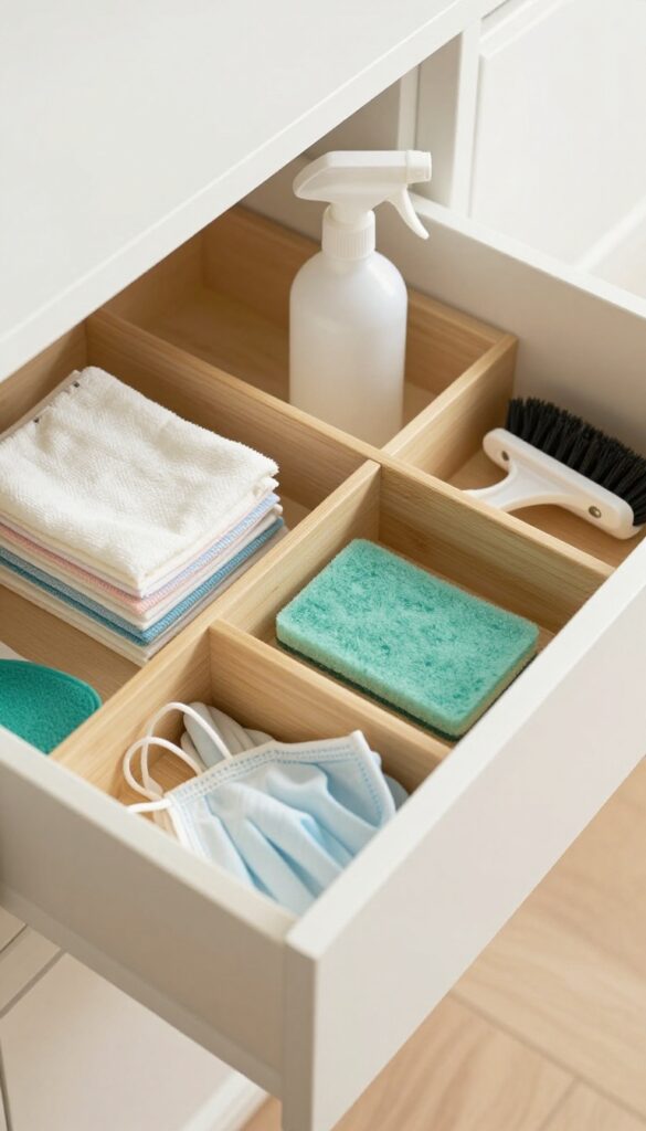 Organized utility drawer with bamboo dividers separating cleaning cloths, sponges, brushes, and gloves.