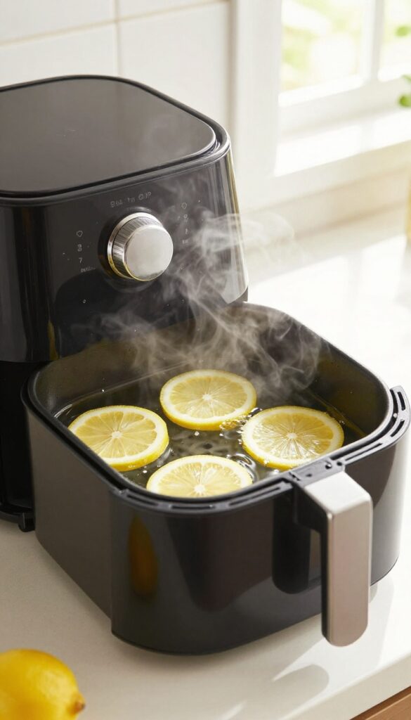 Air fryer basket with vinegar water and lemon slices emitting steam for odor removal