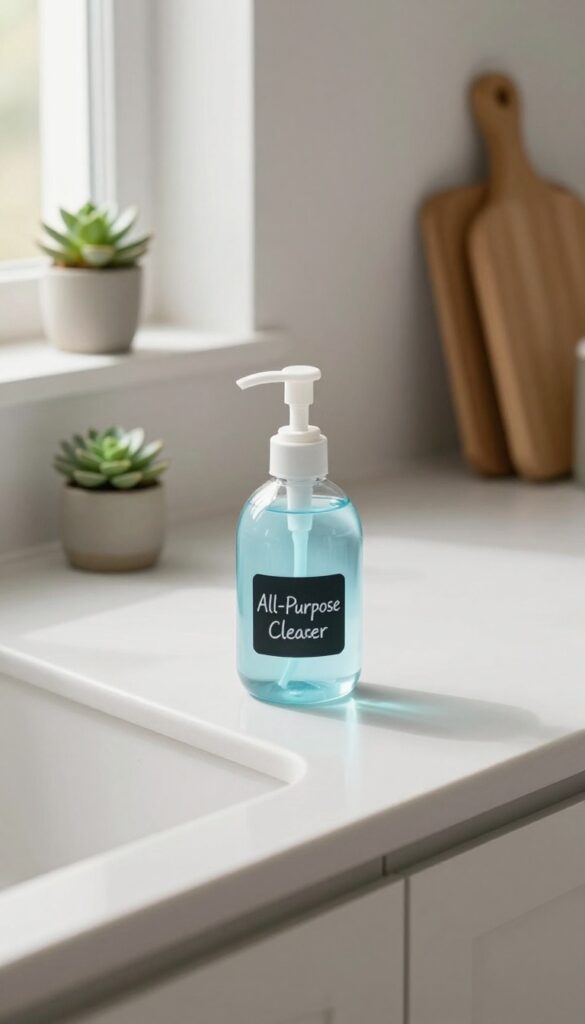 A clear glass soap dispenser filled with all-purpose cleaner on a kitchen countertop next to a sink, with natural light and a tidy cabinet in the background.
