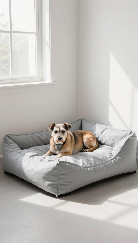 Waterproof orthopedic dog bed inside a crate with a senior dog resting comfortably, bright natural light, clean composition.