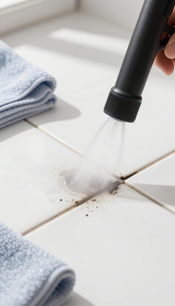 Steam cleaner nozzle cleaning tile grout with high-temperature steam