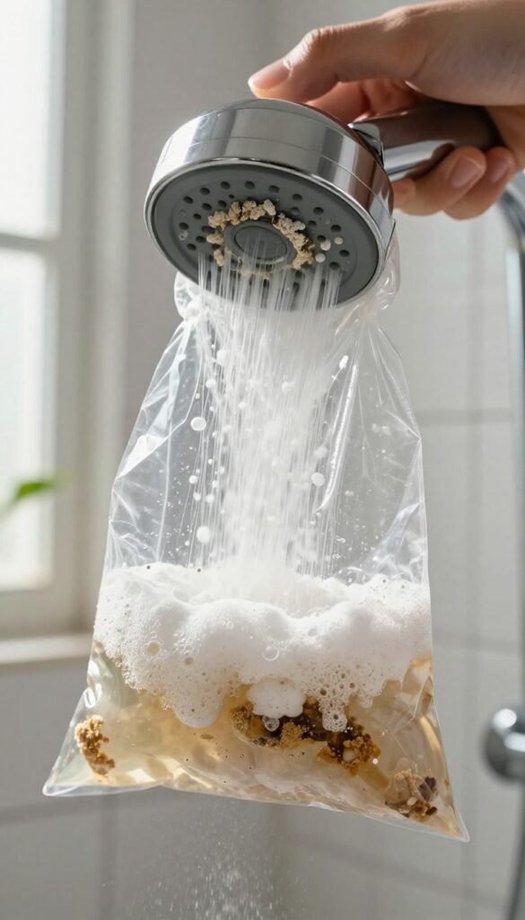 Close-up of a shower head with a bag of vinegar and baking soda fizzing to remove mineral buildup