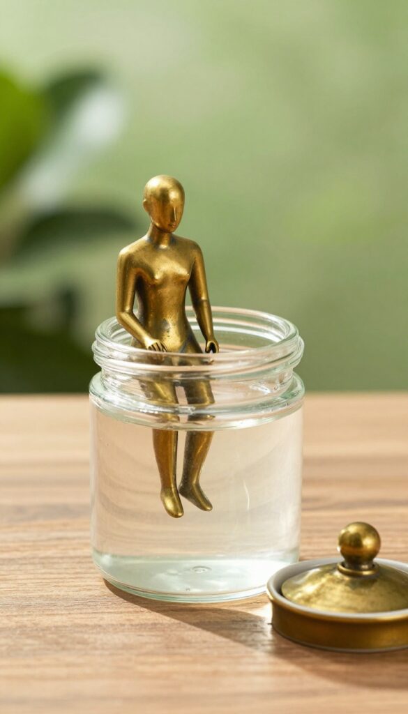 Brass figurine in sealed glass container with small dish of ammonia outdoors