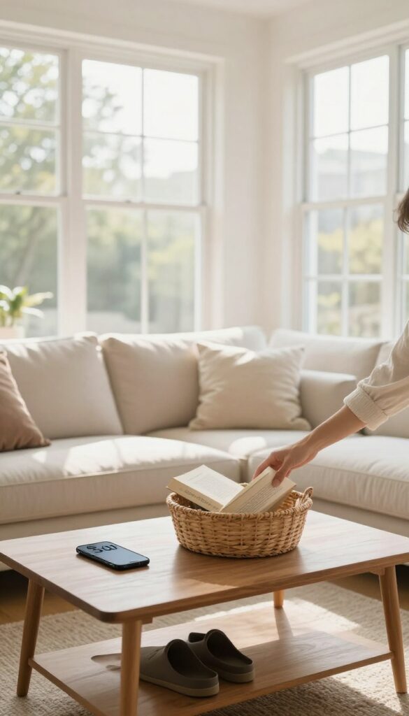 A person quickly tidying a living room by placing a book into a basket, with a phone timer visible, in bright natural light.