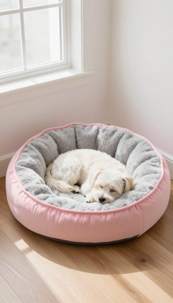 Small white dog sleeping curled up in a round donut-shaped plush dog bed on a hardwood floor
