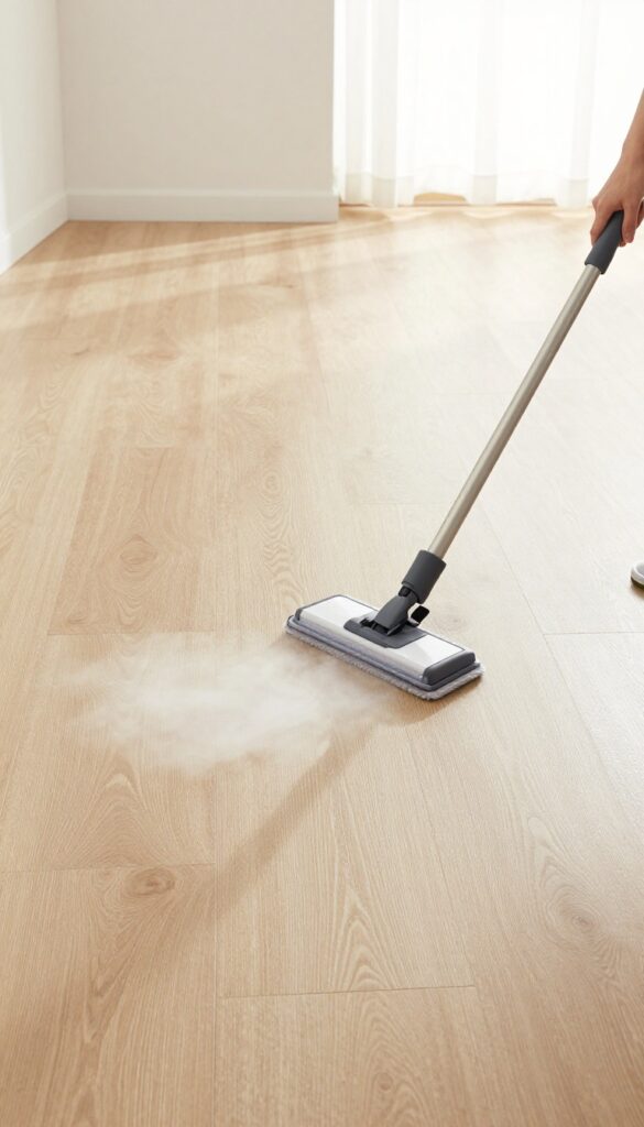 Person using a steam mop on laminate wood flooring in a bright, modern living room