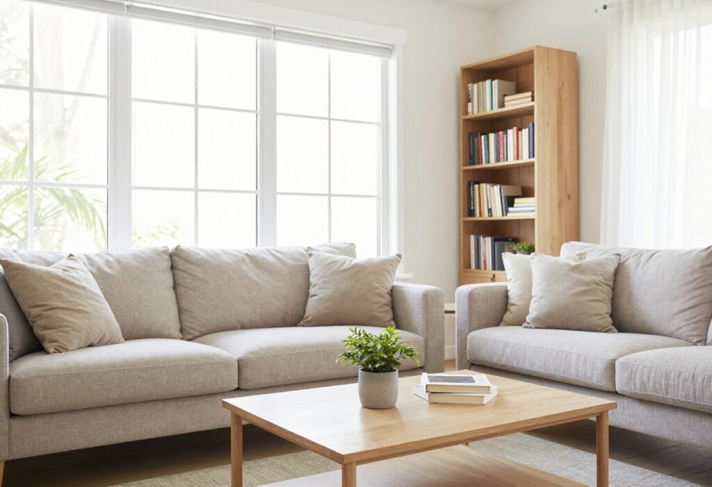 Clean and organized living room with natural light, plant, and book on coffee table