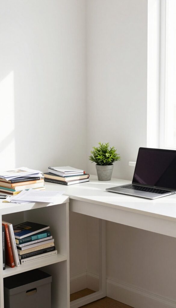 Before and after photos of a clean and organized desk in a bright bedroom