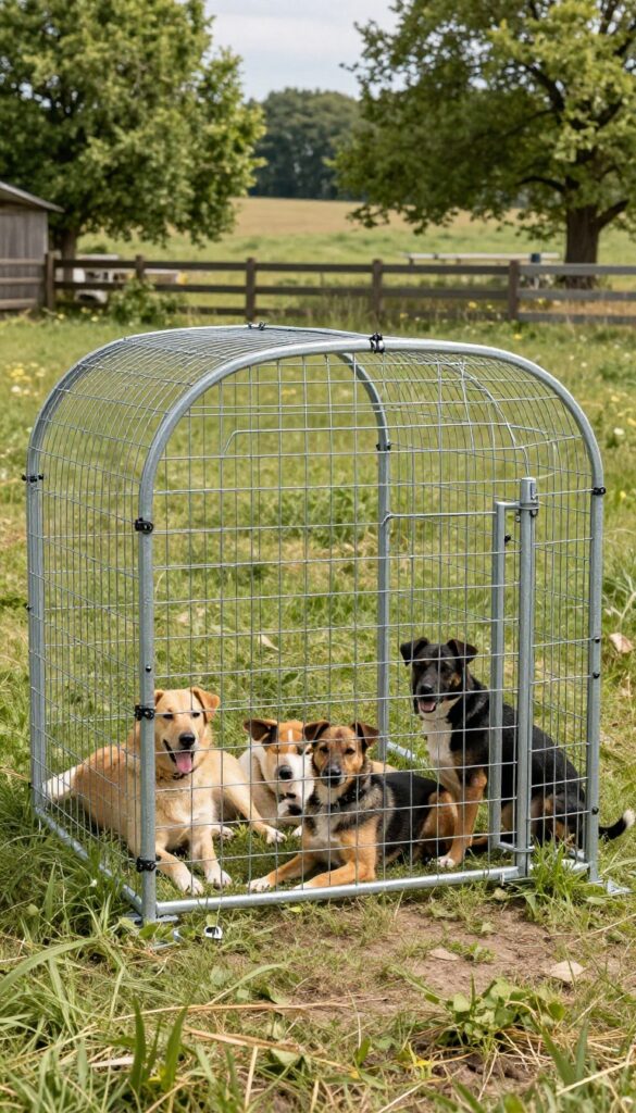 Curved cattle panel kennel with three dogs inside, set in a grassy yard with T-posts and rural background.