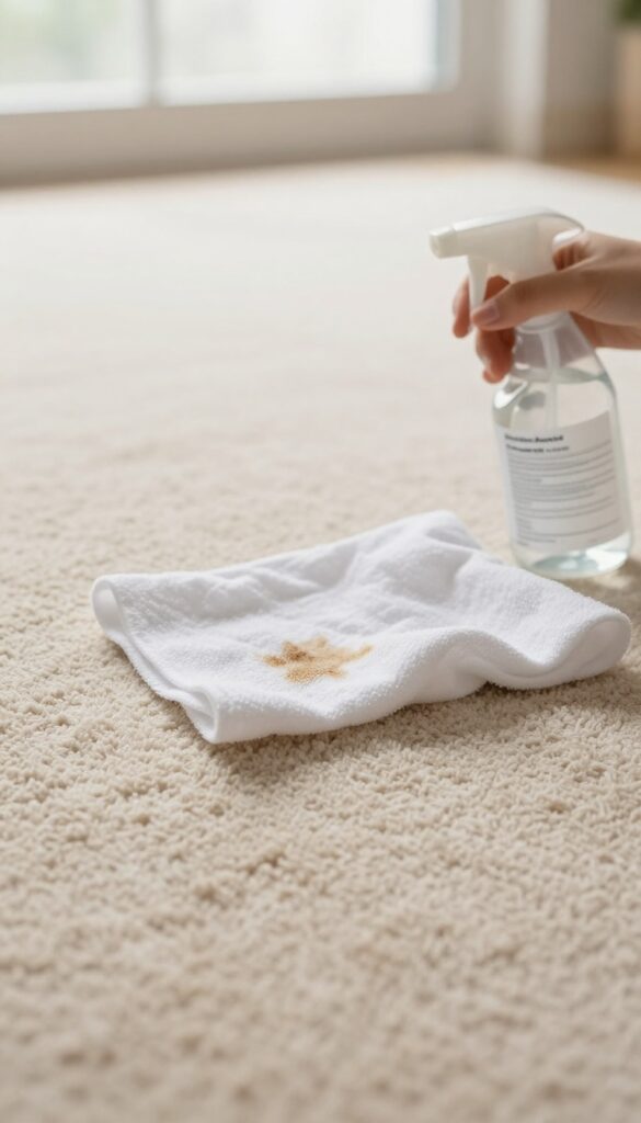 Spray bottle and cloth cleaning a pet stain on a beige carpet