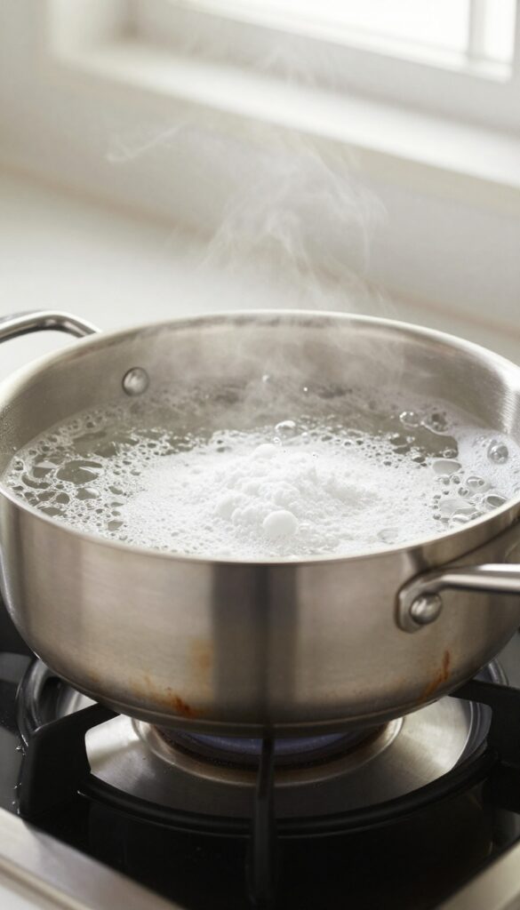 Stainless steel pan with boiling water and baking soda on a stovetop, cleaning burnt residue