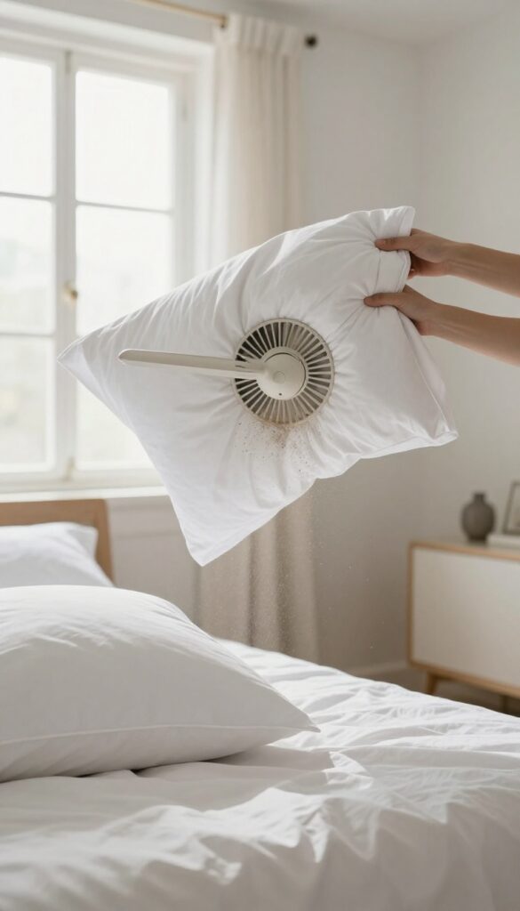 Person using a pillowcase to dust a ceiling fan blade in a bright bedroom