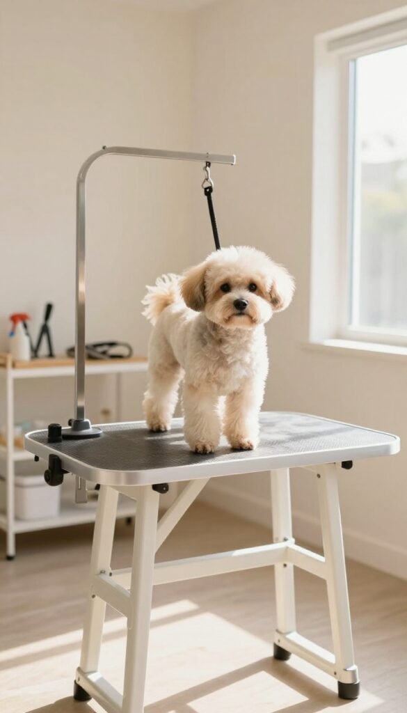 Slanted grooming table in a dog grooming trailer with a small dog on a non-slip mat