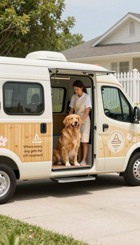 A pastel-colored mobile grooming van with floral decals parked in a sunny suburban driveway, with a golden retriever beside it and a groomer visible inside.