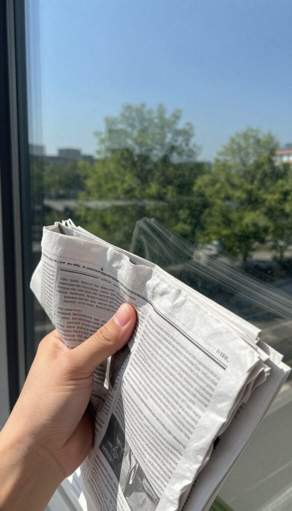 Hand wiping a glass window with crumpled newspaper for a lint-free shine