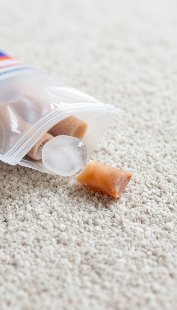 Ice cube in plastic bag freezing chewing gum stuck in carpet fibers