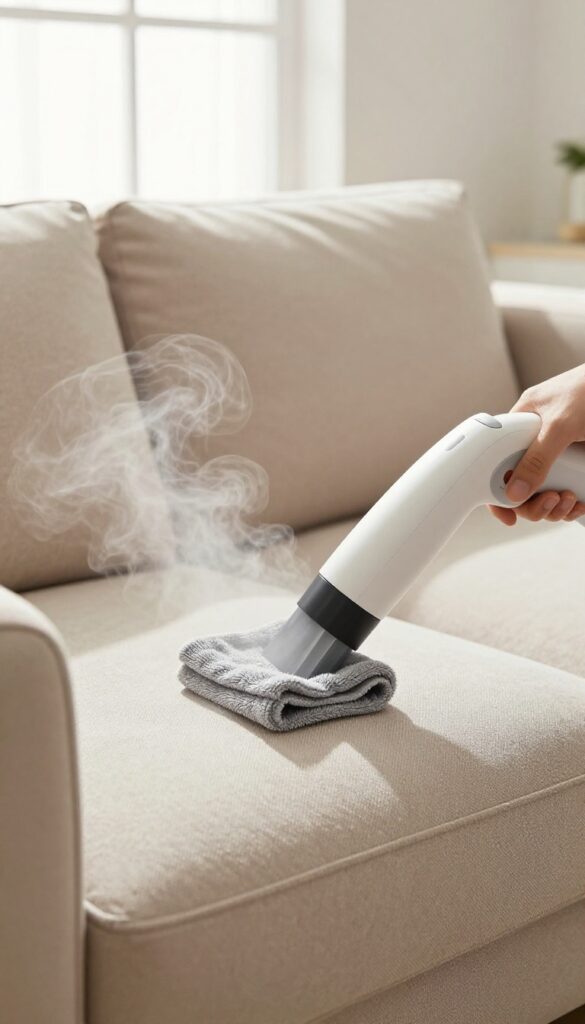 Steam cleaning a couch with a handheld steamer in a bright living room