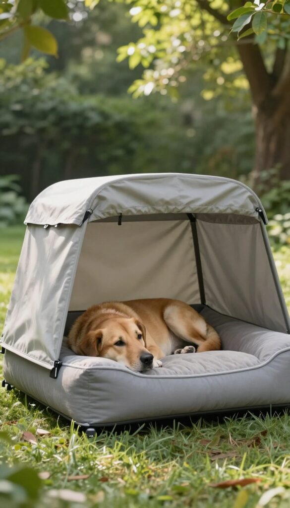 Dog resting on bolster bed with shade canopy in shady backyard